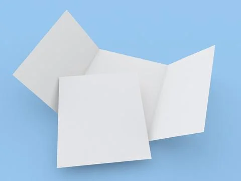 Open blank three folded flyer and A4 sheet mockup on blue background. Stock-Illustration