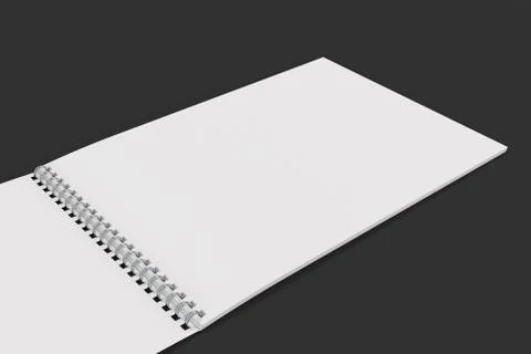 Open blank white notebook with metal spiral bound on black background Illustrazione stock