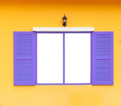 Open blank window frame on wall with lamp, blue color Foto stock