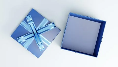 Open blue christmas gift box with light blue ribbon on white background Stock Illustration