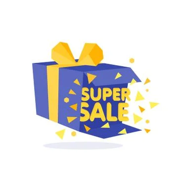 Open Blue Gift Box and Confetti. Sale Background. Stock Illustration