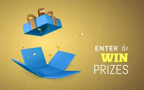 Open blue Gift Box and Confetti on yellow background. Enter to Win Prizes. Ve 스톡 일러스트