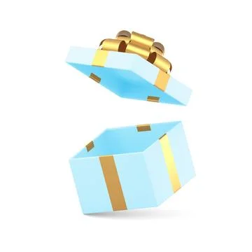 Open blue gift box with flying lid and luxury golden bow ribbon empty pack 3d Illustrazione stock