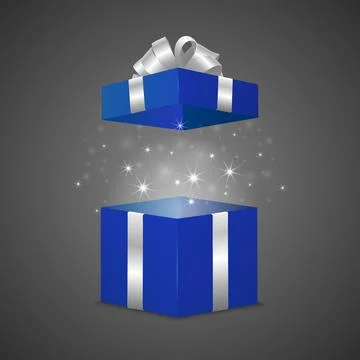 Open Blue Gift Box with Silver Ribbon Bow and Magic Glow. Vector 3d Realistic Stock Illustration