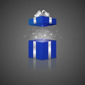 Open Blue Gift Box with Silver Ribbon Bow, Magic Glow and Reflection. Vector 3d Stock Illustration