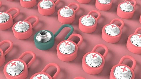 Open blue padlock in crowd of closed pink padlock 3d rendering image Stock Illustration