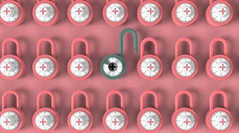 Open blue padlock in crowd of closed pink padlock 3d rendering image Stock Illustration
