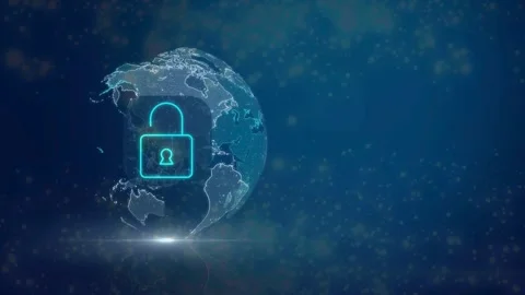Open Blue Padlock Inside Digital Globe Indicating Vulnerability Stock Footage 336900746