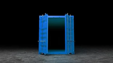 Open blue shipping container on dark background illuminating empty interior Illustrazione stock