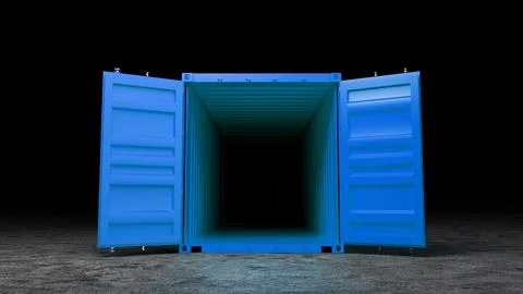 Open blue shipping container on a dark background representing global trade a Illustrazione stock