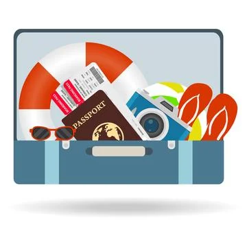 Open blue suitcase packed with passport boarding pass camera lifebuoy Stock Illustration