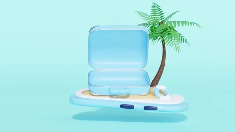 Open blue suitcase, palm tree, and lifebuoy on a small sand island, floatin.. Video stock 314217176