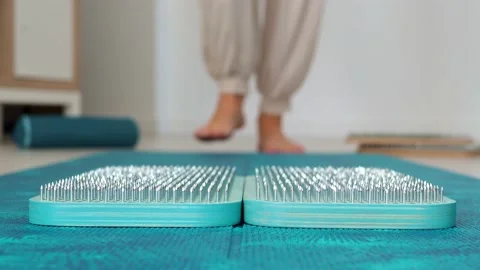 Open boards for sadhus to practice through mental and physical pain. Sharp nails Stock Footage 204710442