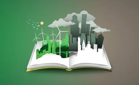 Open book of 3d green dirty city before and after Stock Illustration