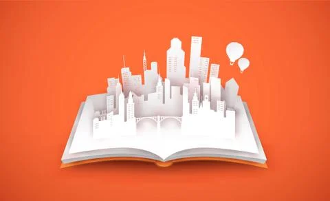 Open book with 3d papercut tower city concept Ilustración de archivo