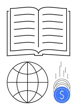 Open Book above Globe and Falling Coins Highlighting Education, Global Reac.. Stock Illustration