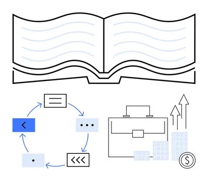 Open book with abstract lines, circular flowchart with steps, briefcase, and  Stock Illustration