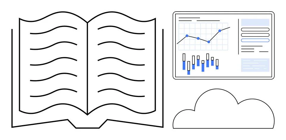 Open book, analytics dashboard with graphs, and cloud highlighting informat.. 스톡 일러스트