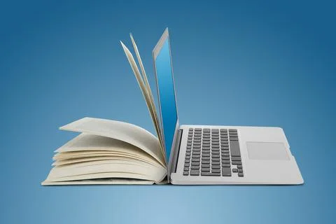 Open book and laptop on light blue gradient background. E-learning, interne.. Stock Photos