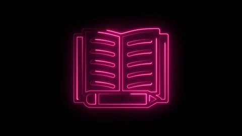 Open book and pencil neon sign pink glow isolated on black background animati Stock Footage 346007723