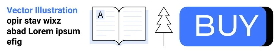 Open book and a pine tree next to a large BUY button. Ideal for education, na Stock Illustration