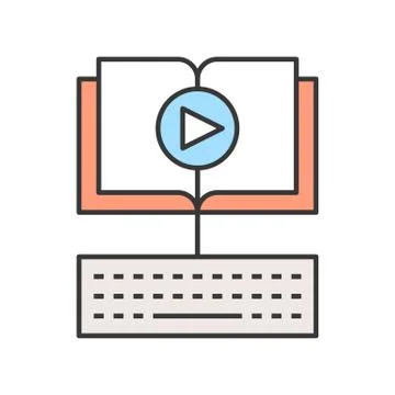 Open book and play button with keyboard, e-learning concept editable stroke o Stock Illustration