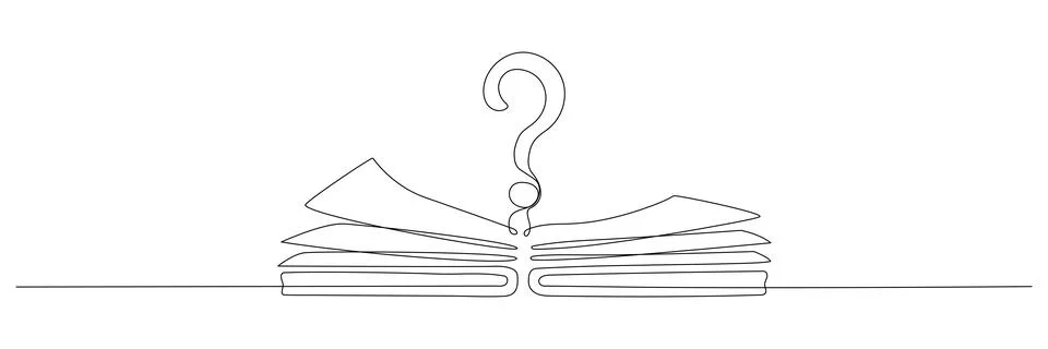 Open book and question mark one continuous line drawing. Stock Illustration