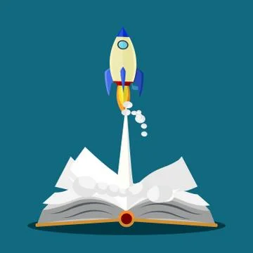 Open the book and rocket.the concept of education and search for knowledge cr Illustrazione stock