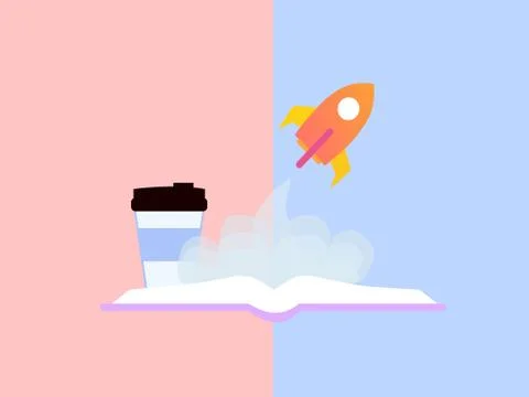 Open book and rocket taking off, vector charts Stock Illustration