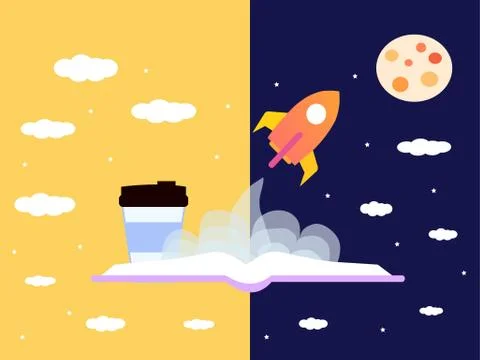 Open book and rocket taking off, vector charts Stock Illustration
