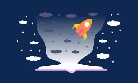 Open book and rocket taking off, vector charts Stock Illustration