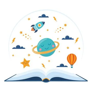 Open book and space elements. Planet, rocket, star, cloud, aerostat. Educatio 스톡 일러스트