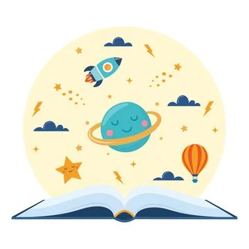 Open book and space elements. Planet, rocket, star, cloud, aerostat. Educatio Stock Illustration