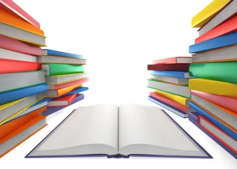 Open book and a stack of books on white background Illustrazione stock
