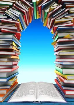 Open book and stack of books in the form of windows, doors, frames Stock Illustration