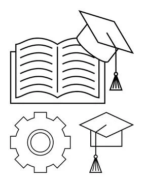 Open book and two graduation caps above and near gear. Ideal for education, k Ilustração Stock