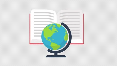 Open Book and World Globe Education Icon Animation on Black Background for Stock Footage 339769553