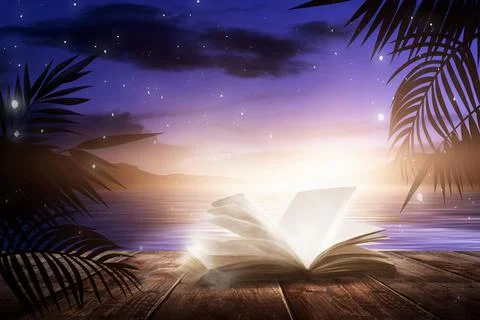 Open book on a background of a sea evening landscape with sunset. Stock Illustration
