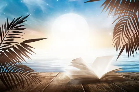 Open book on a background of a sea evening landscape with sunset. Stock Illustration