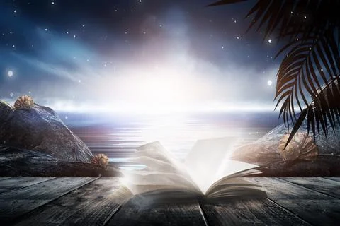 Open book on a background of a sea evening landscape with sunset. Stock Illustration
