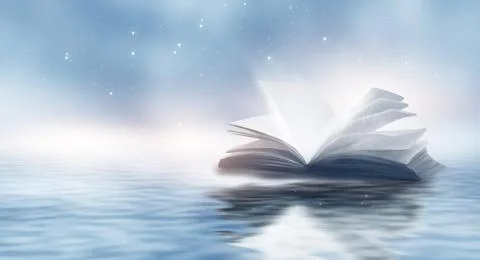 Open book on a background of a sea evening landscape with sunset. Stock Illustration