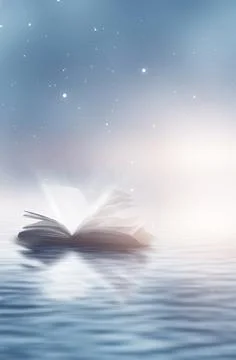 Open book on a background of a sea evening landscape with sunset. Stock Illustration