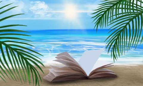 Open book on a background of a sea evening landscape with sunset. Stock Illustration