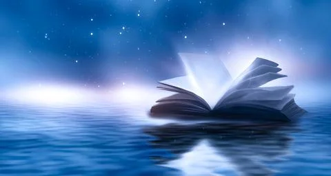 Open book on a background of a sea evening landscape with sunset. Stock Illustration