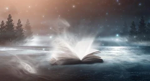 Open book on a background of a sea evening landscape with sunset. Stock Illustration