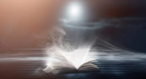 Open book on a background of a sea evening landscape with sunset. Stock Illustration