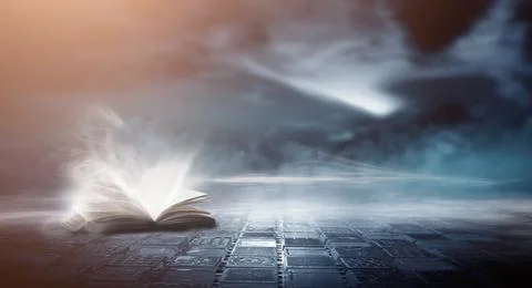 Open book on a background of a sea evening landscape with sunset. Stock Illustration