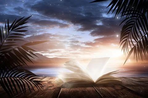 Open book on a background of a sea evening landscape with sunset. Stock Illustration