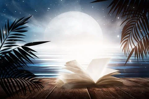 Open book on a background of a sea evening landscape with sunset. Stock Illustration