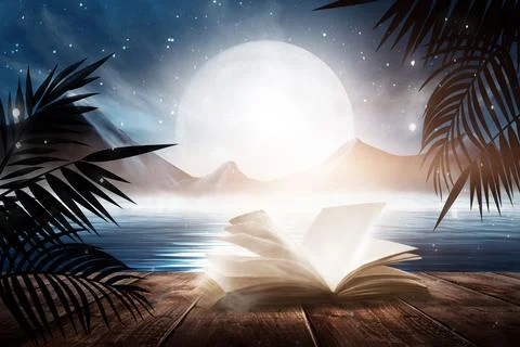 Open book on a background of a sea evening landscape with sunset. Stock Illustration